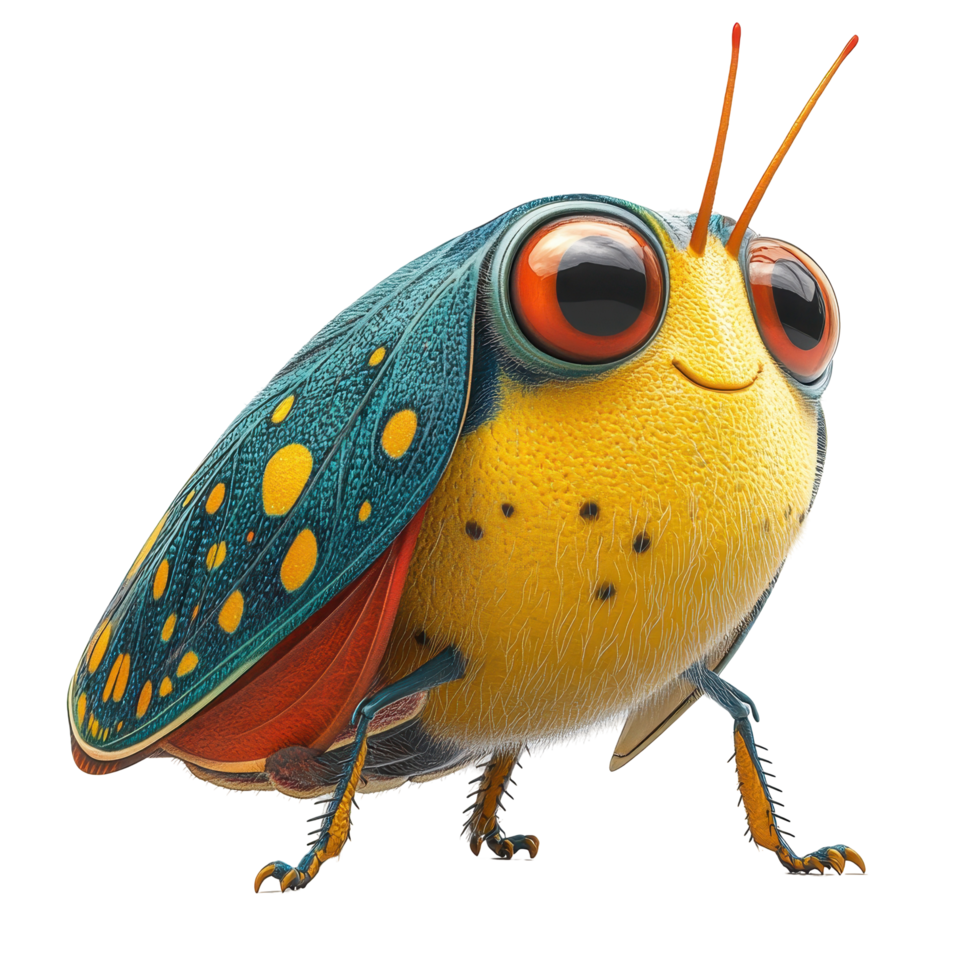 Colorful cartoon insect with a friendly expression resting on a leaf in a vibrant natural setting isolated on transparent background. png