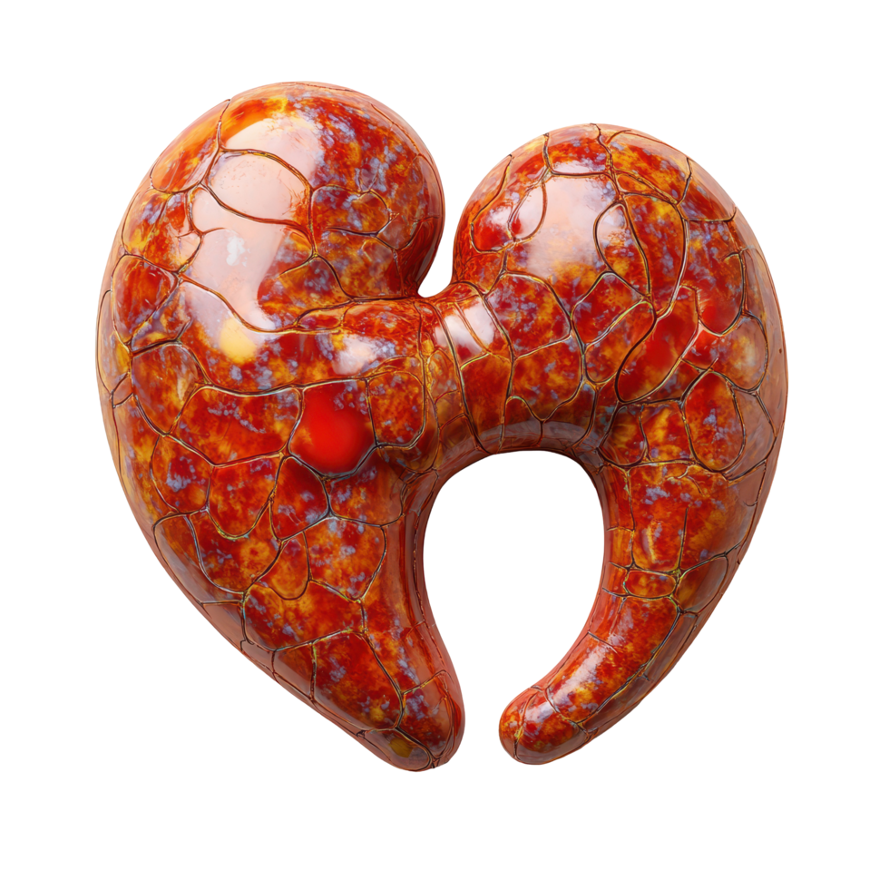 Unique heart-shaped sculpture made of vibrant red ceramic with intricate patterns on display indoors isolated on transparent background. png