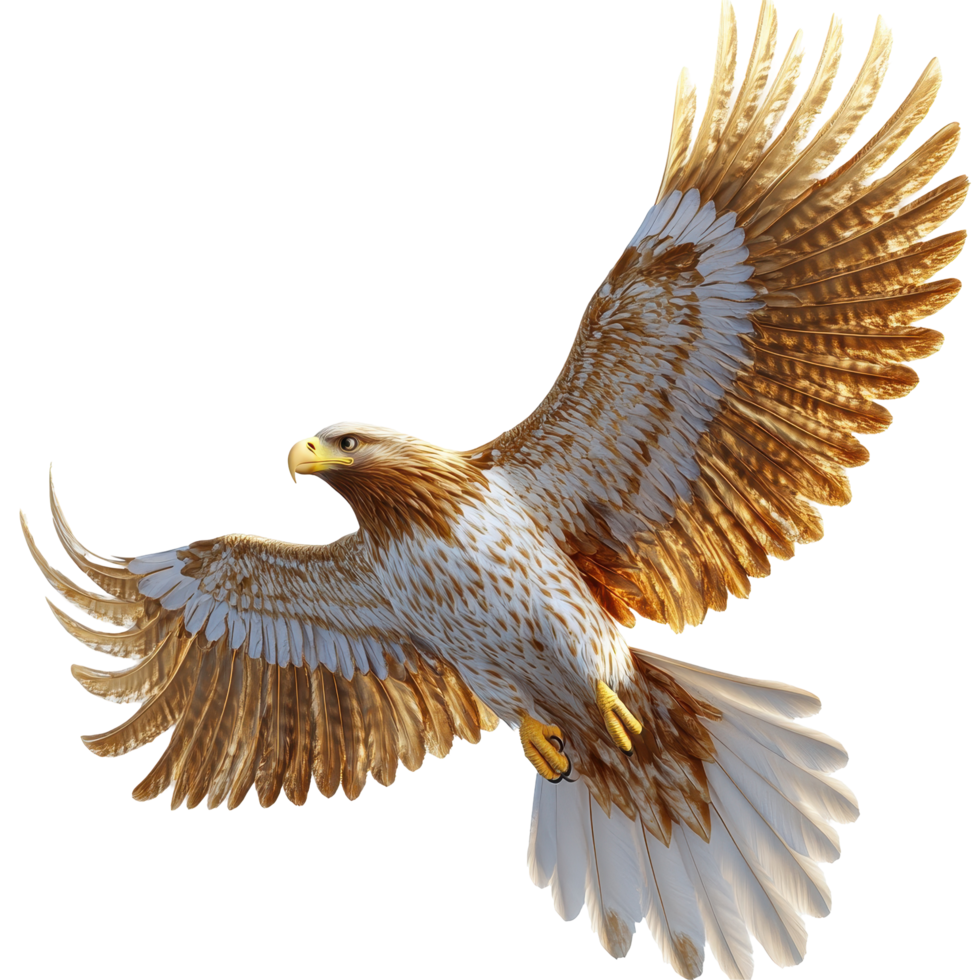 Majestic eagle soaring through clear blue sky with outstretched wings during golden hour isolated on transparent background. png