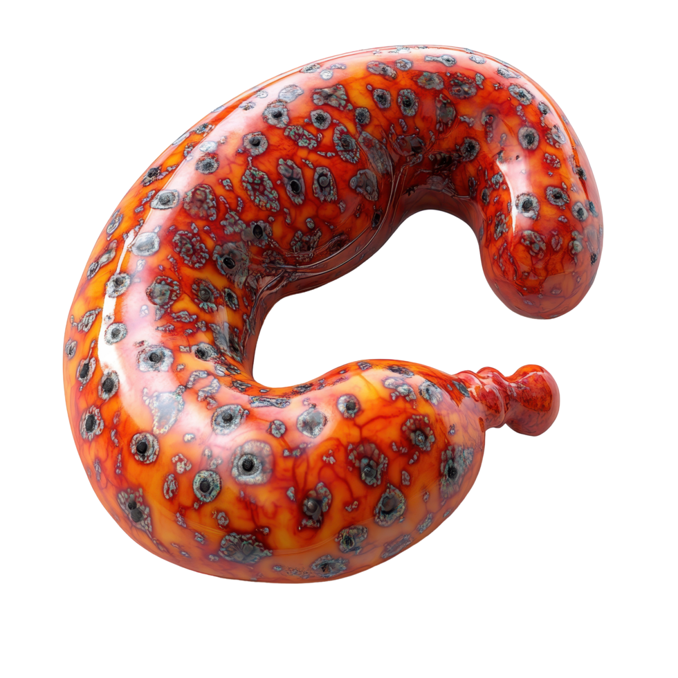 Unique red and black sculpture made from ceramic displayed in sunlight isolated on transparent background. png