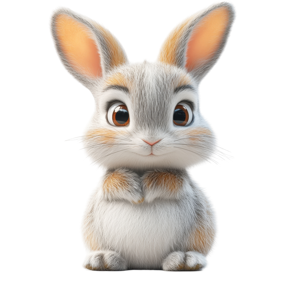 Cute animated rabbit with fluffy fur and big eyes sitting with paws together isolated on transparent background. png