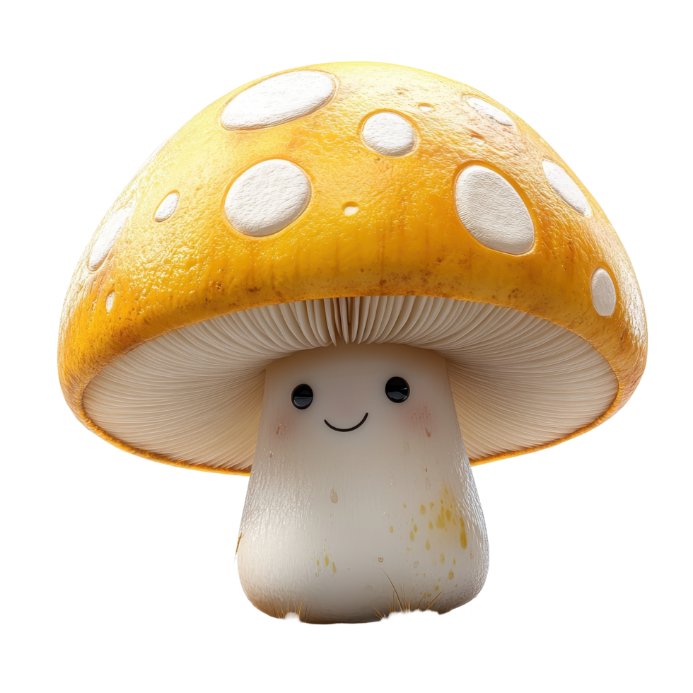 Charming cartoon mushroom with a smiling face and vibrant yellow cap set against a bright background isolated on transparent background. png
