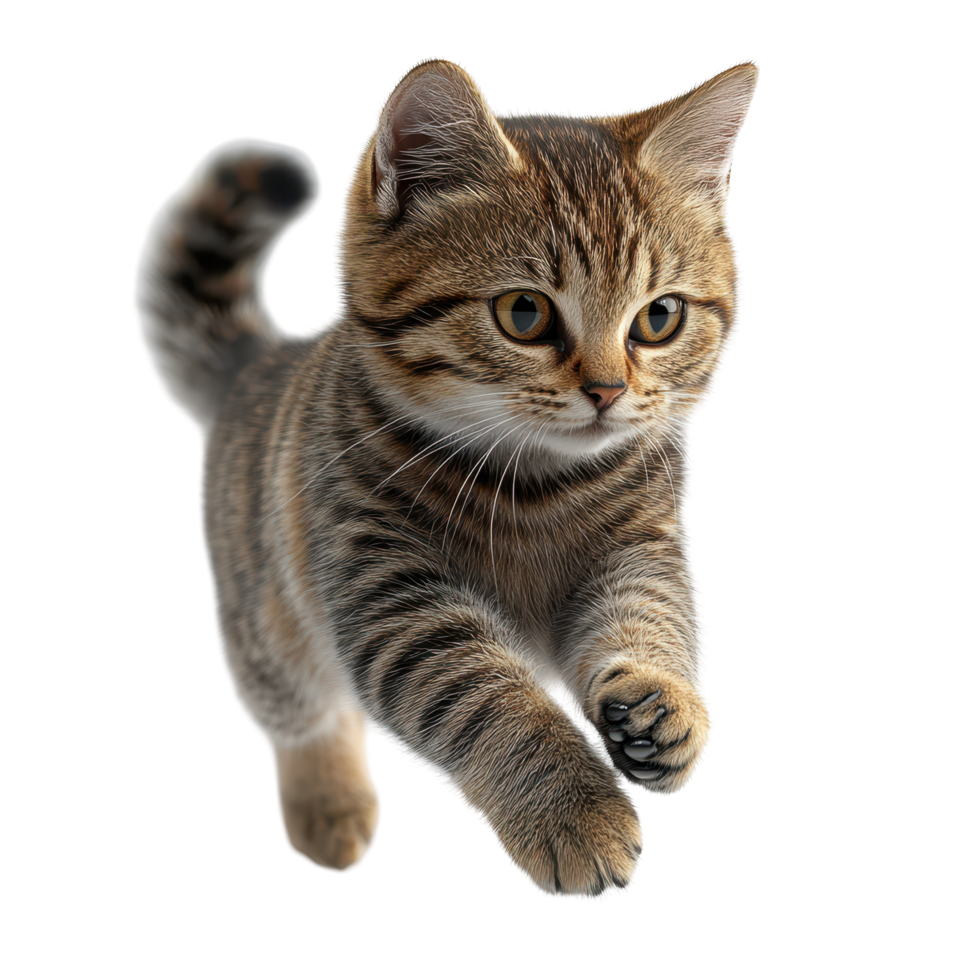 Playful striped kitten leaps joyfully in a bright, indoor setting during daytime isolated on transparent background. png