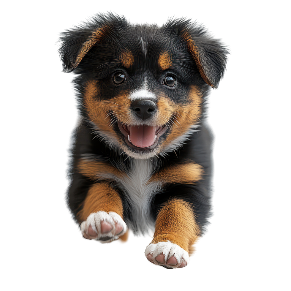 Happy puppy playing joyfully with its adorable expression and fluffy coat in a bright indoor setting isolated on transparent background. png