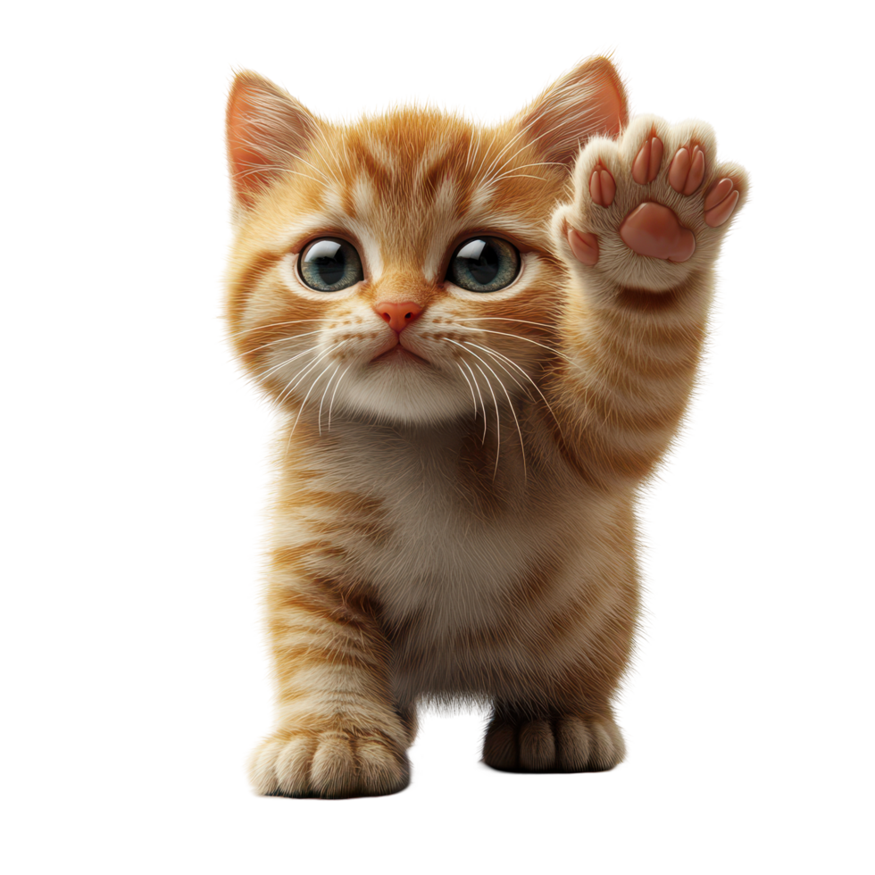 Cute orange tabby kitten waves hello with its paw while looking playfully at the camera in a bright setting isolated on transparent background. png