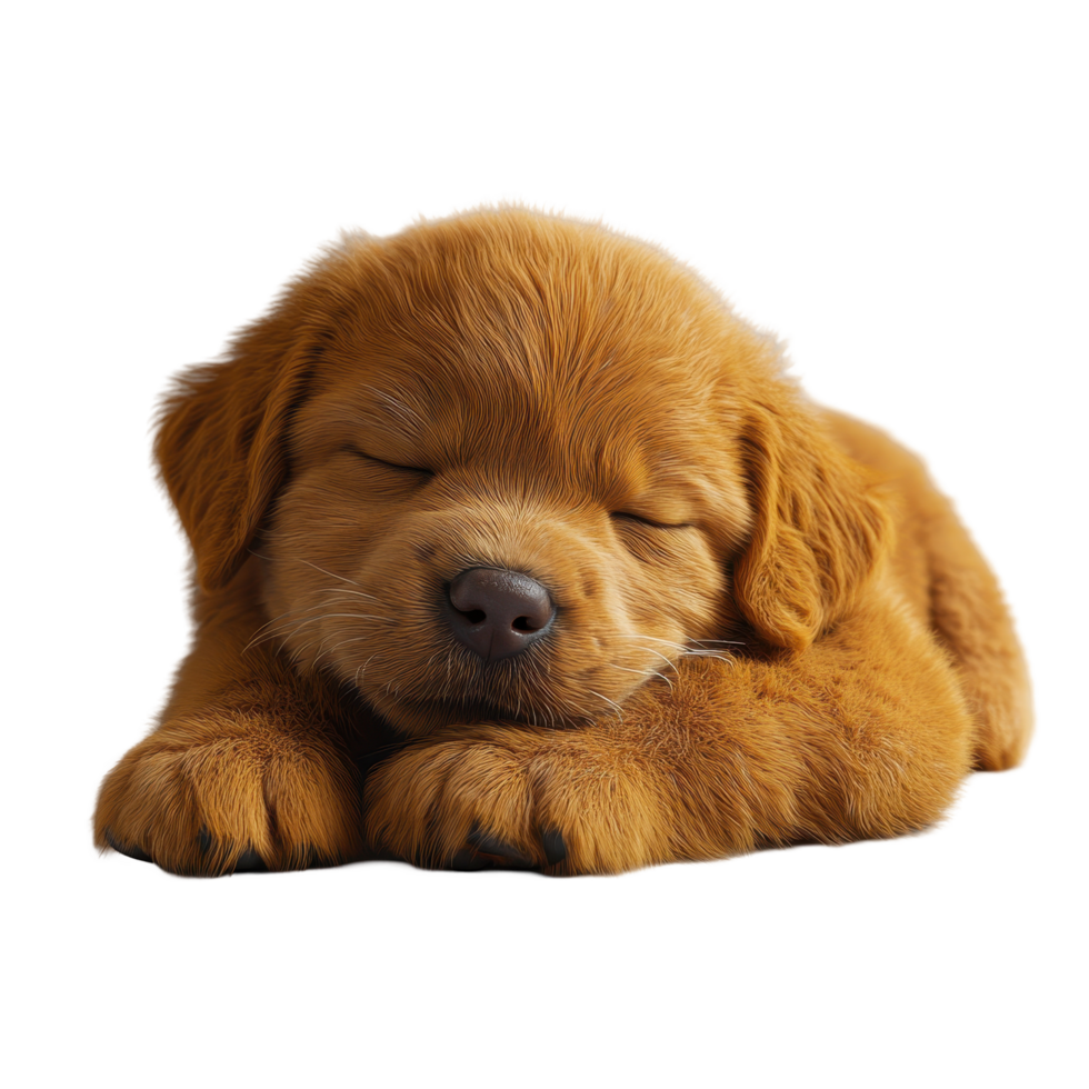 Golden retriever puppy sleeping peacefully in a cozy position on a soft surface isolated on transparent background. png