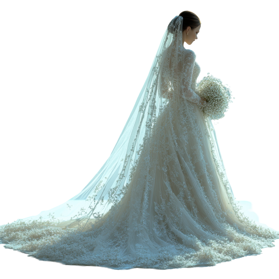 Elegant bride in white lace gown holding bouquet standing gracefully outdoors during golden hour isolated on transparent background. png