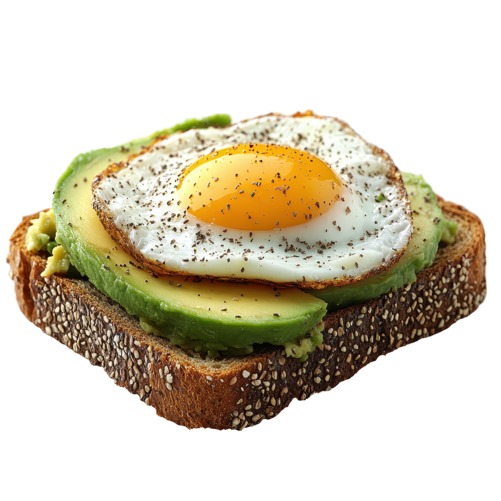 Delicious avocado toast topped with a sunny side up egg served on whole grain bread in a cozy setting isolated on transparent background. png