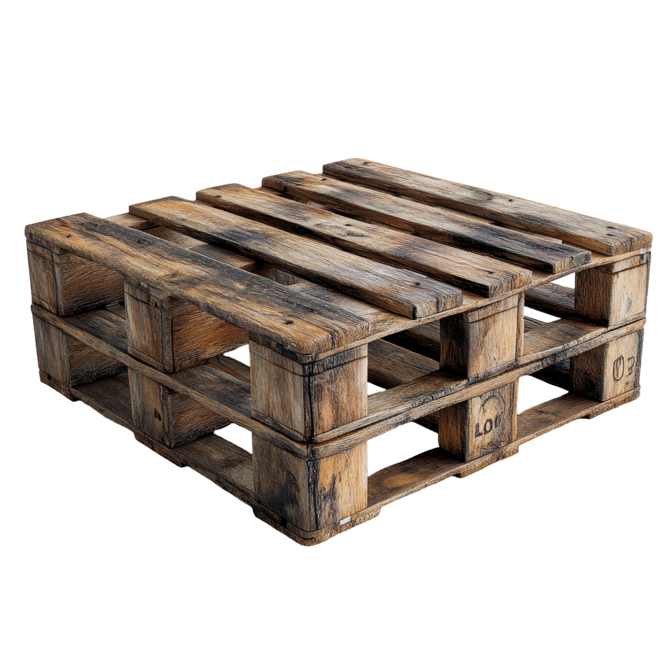 Wooden pallet lying on a warehouse floor showcasing its rustic charm and versatility for various projects isolated on transparent background. png