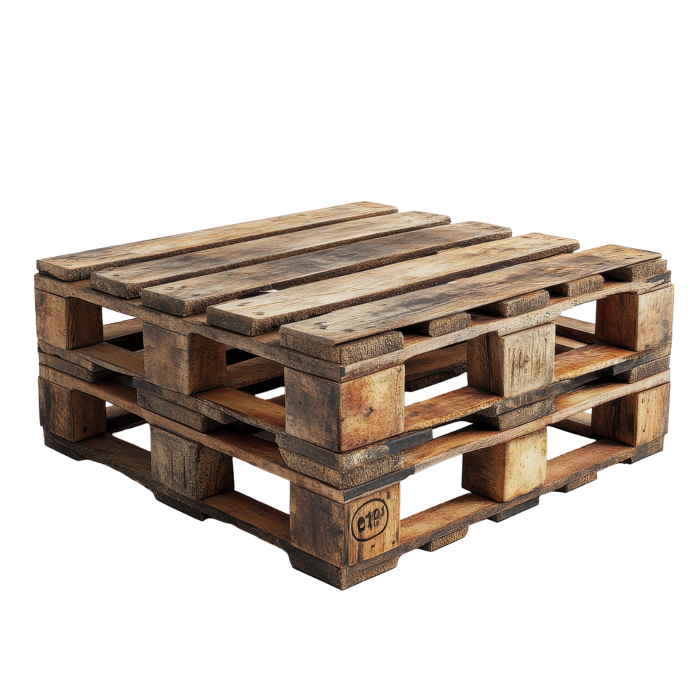 Wood pallet stacked on the ground showing age and wear in a warehouse setting isolated on transparent background. png