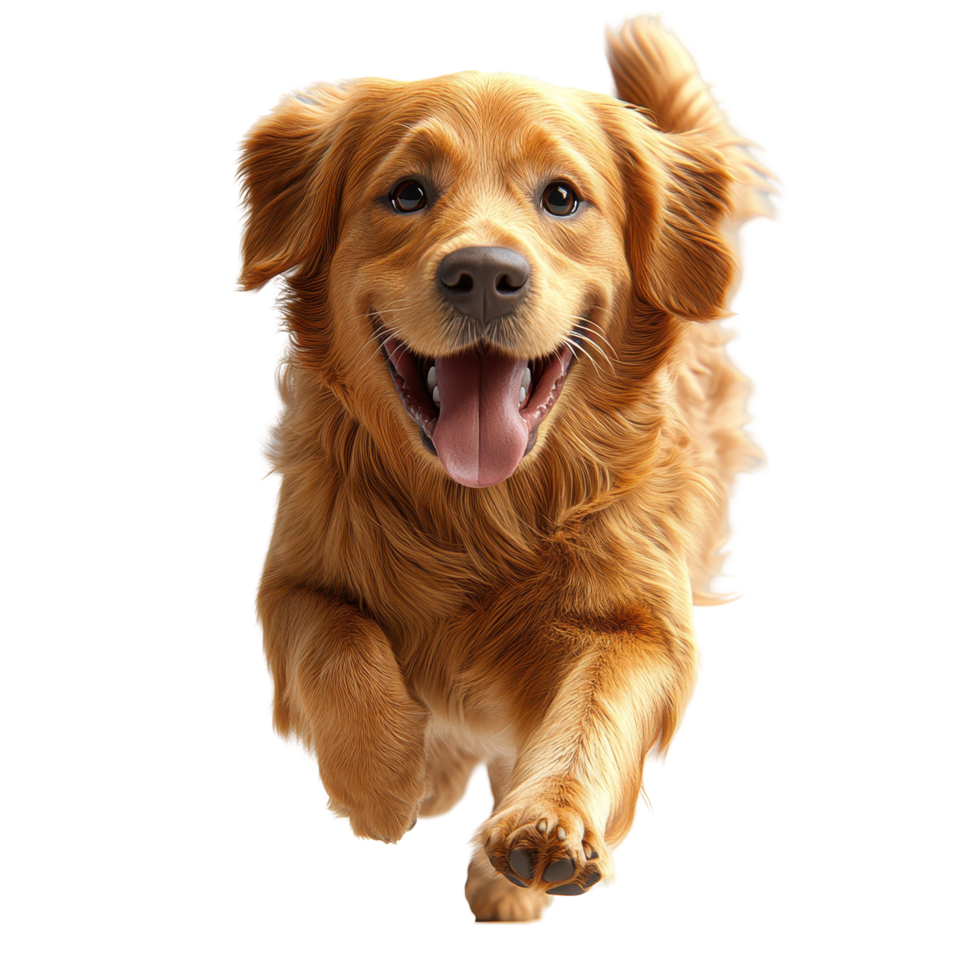Happy golden retriever running joyfully in a sunny park, showcasing its playful nature and vibrant energy isolated on transparent background. png