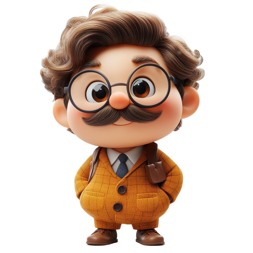 Charming animated character in orange sweater with glasses and a mustache stands confidently with a cheerful expression isolated on transparent background. png