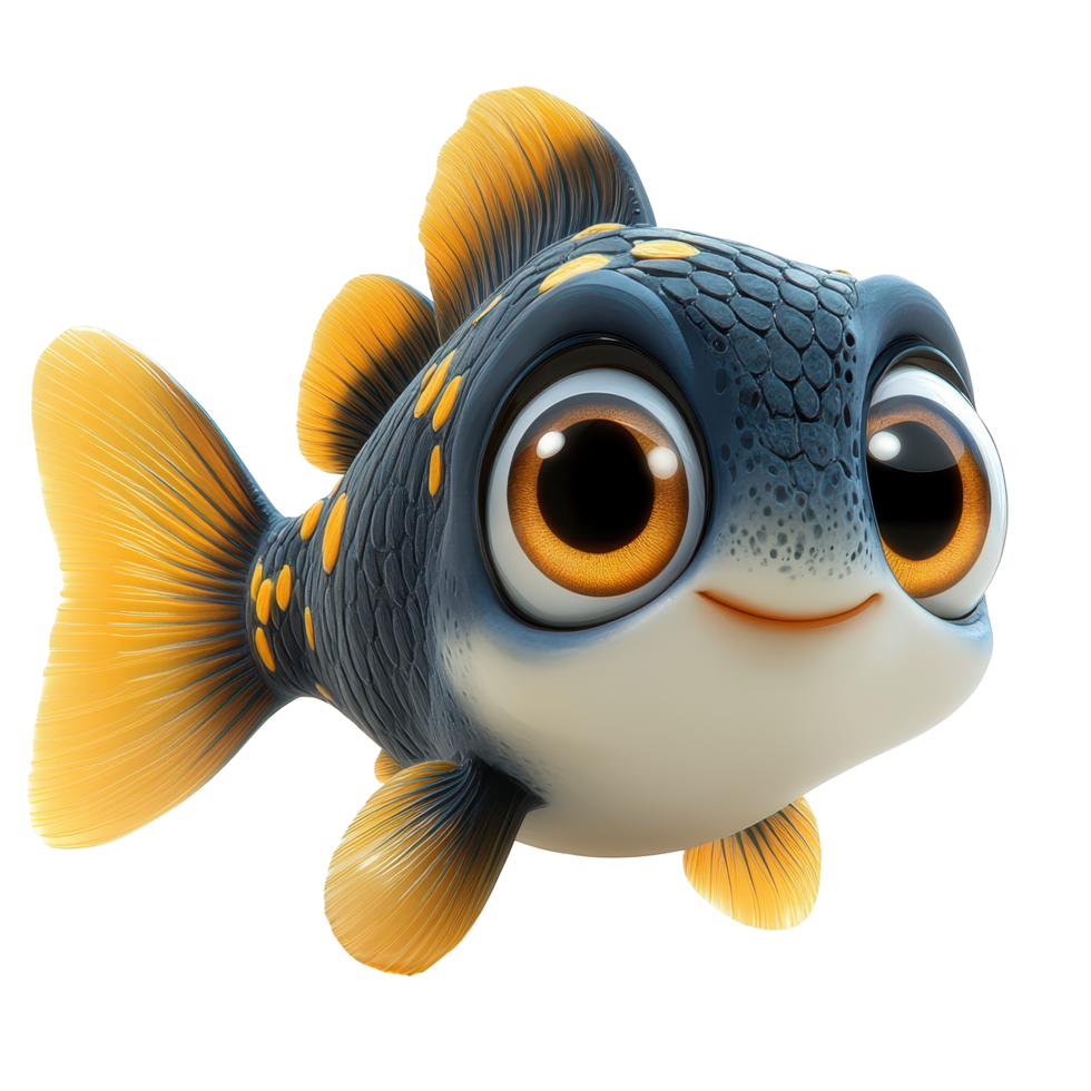 Cute animated fish character with big eyes and vibrant colors swimming cheerfully in a bright aquatic environment isolated on transparent background. png