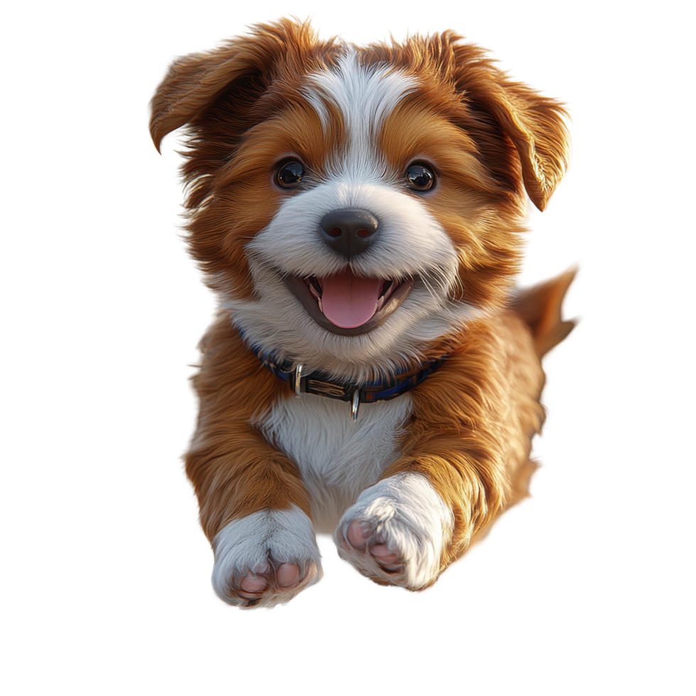 Happy puppy jumping in a playful manner in a bright and cheerful environment isolated on transparent background. png