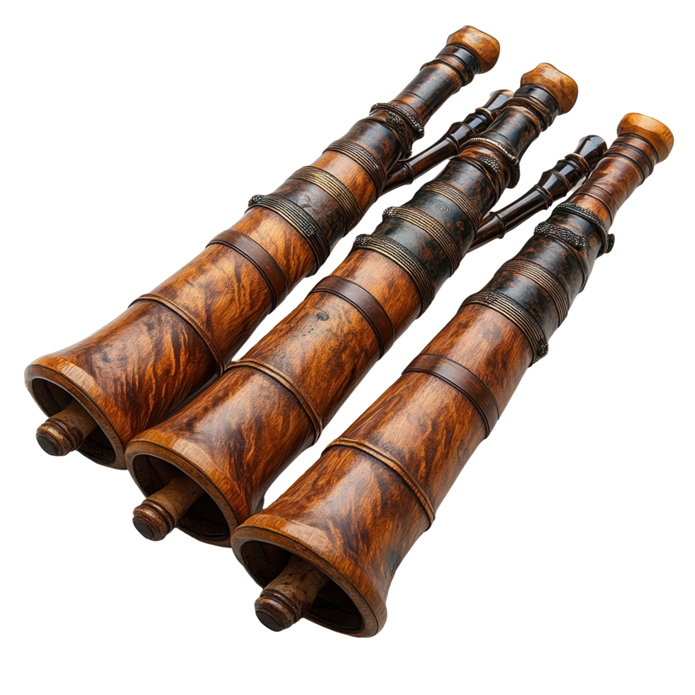 Wooden musical instruments displayed together showcasing craftsmanship and design isolated on transparent background. png