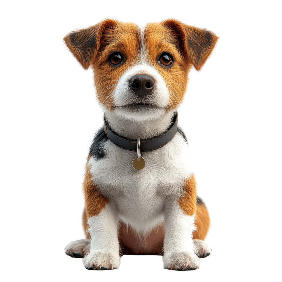 Cute brown and white dog sitting attentively in a cozy indoor space during daytime isolated on transparent background. png