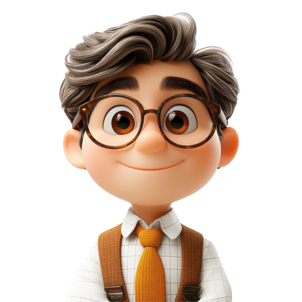 Charming animated young boy with glasses wearing a tie and suspenders in a playful character design isolated on transparent background. png
