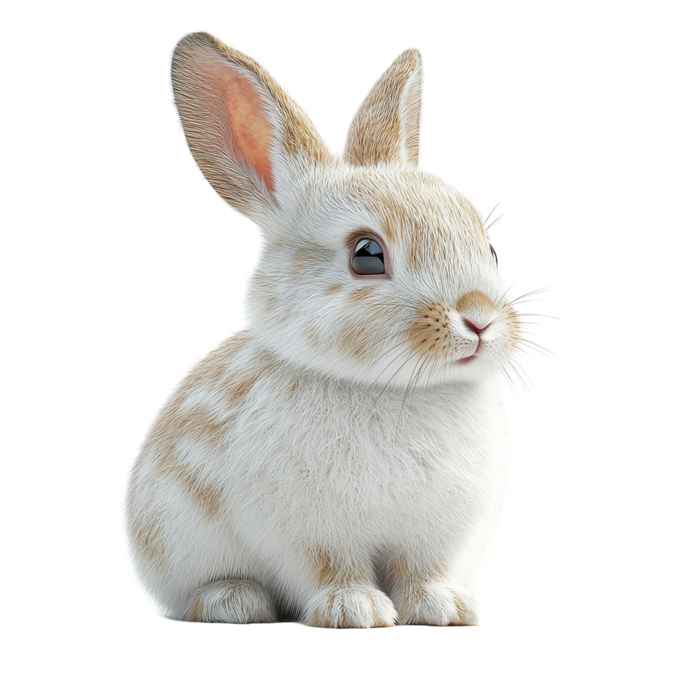 Cute fluffy rabbit with soft fur and big ears sitting calmly, showcasing its charming expression in a serene environment isolated on transparent background. png