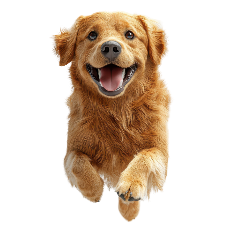 Happy golden retriever puppy jumping joyfully in a playful moment indoors isolated on transparent background. png