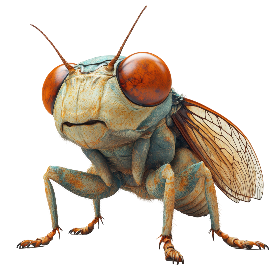 Detailed close-up of a realistic insect with striking features and vibrant colors in a natural setting isolated on transparent background. png
