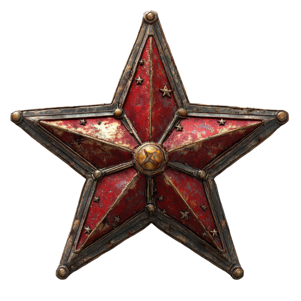 Colorful vintage star emblem with weathered paint and metal detailing displayed prominently isolated on transparent background. png