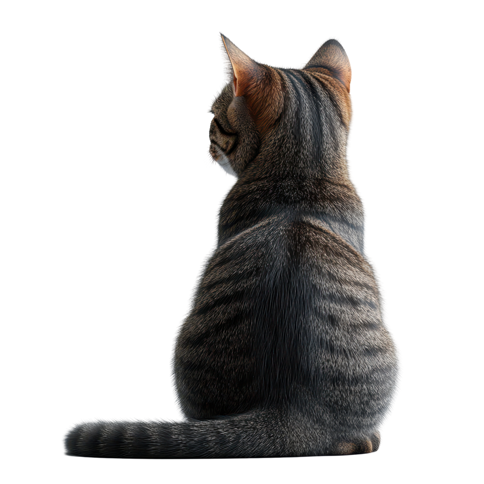 Cat sitting calmly with beautiful striped fur against a plain white background isolated on transparent background. png