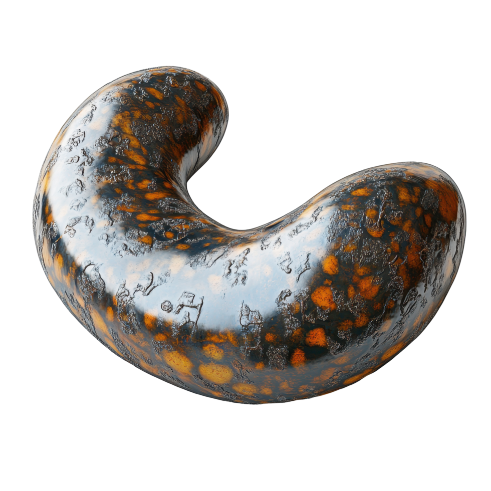 Unique glossy stone resembling a kidney bean with intricate patterns and colors observed in an artistic context isolated on transparent background. png