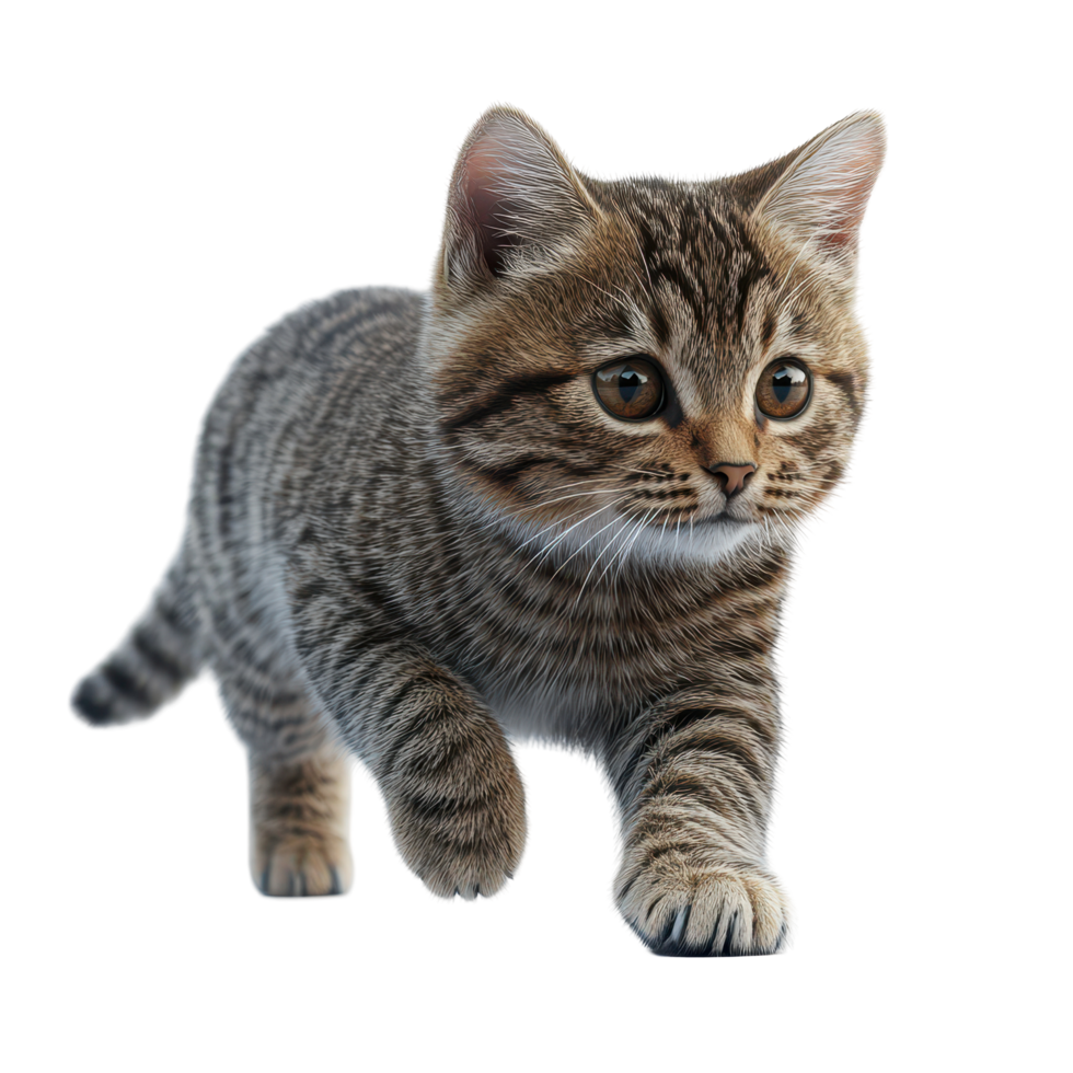 Small tabby kitten exploring its surroundings with curiosity in a bright, clean setting isolated on transparent background. png