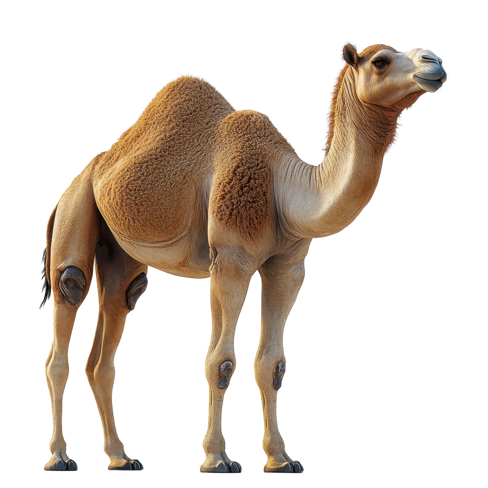 Camel standing upright with a distinctive hump, showcasing its unique features in a desert environment isolated on transparent background. png