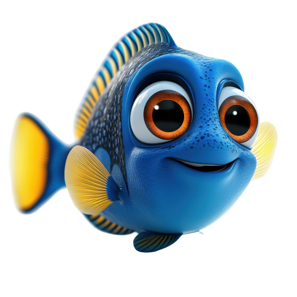 Bright blue cartoon fish with large eyes swims happily in a colorful underwater environment isolated on transparent background. png