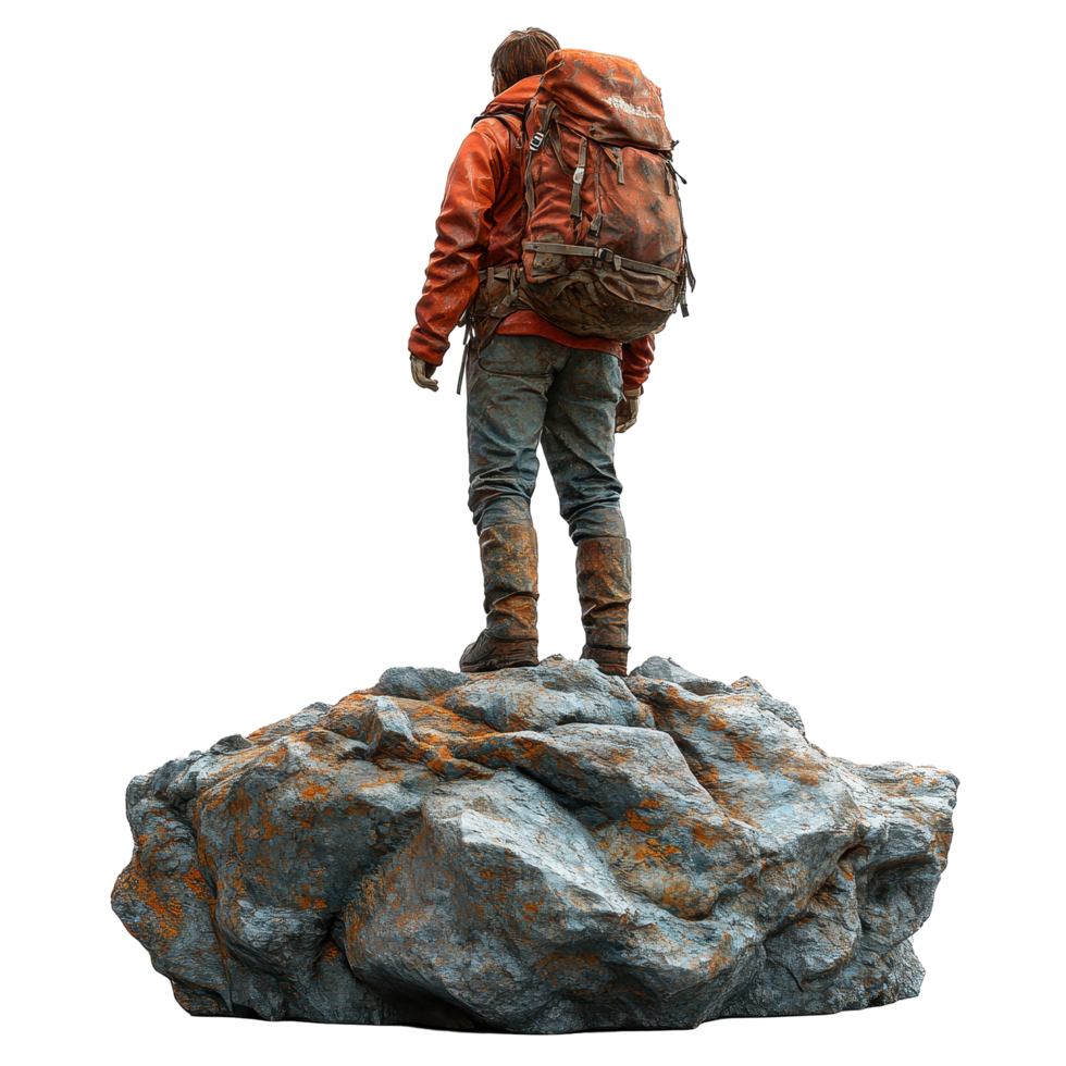 Adventurer standing on rocky terrain with a backpack, showcasing a spirit of exploration and discovery isolated on transparent background. png