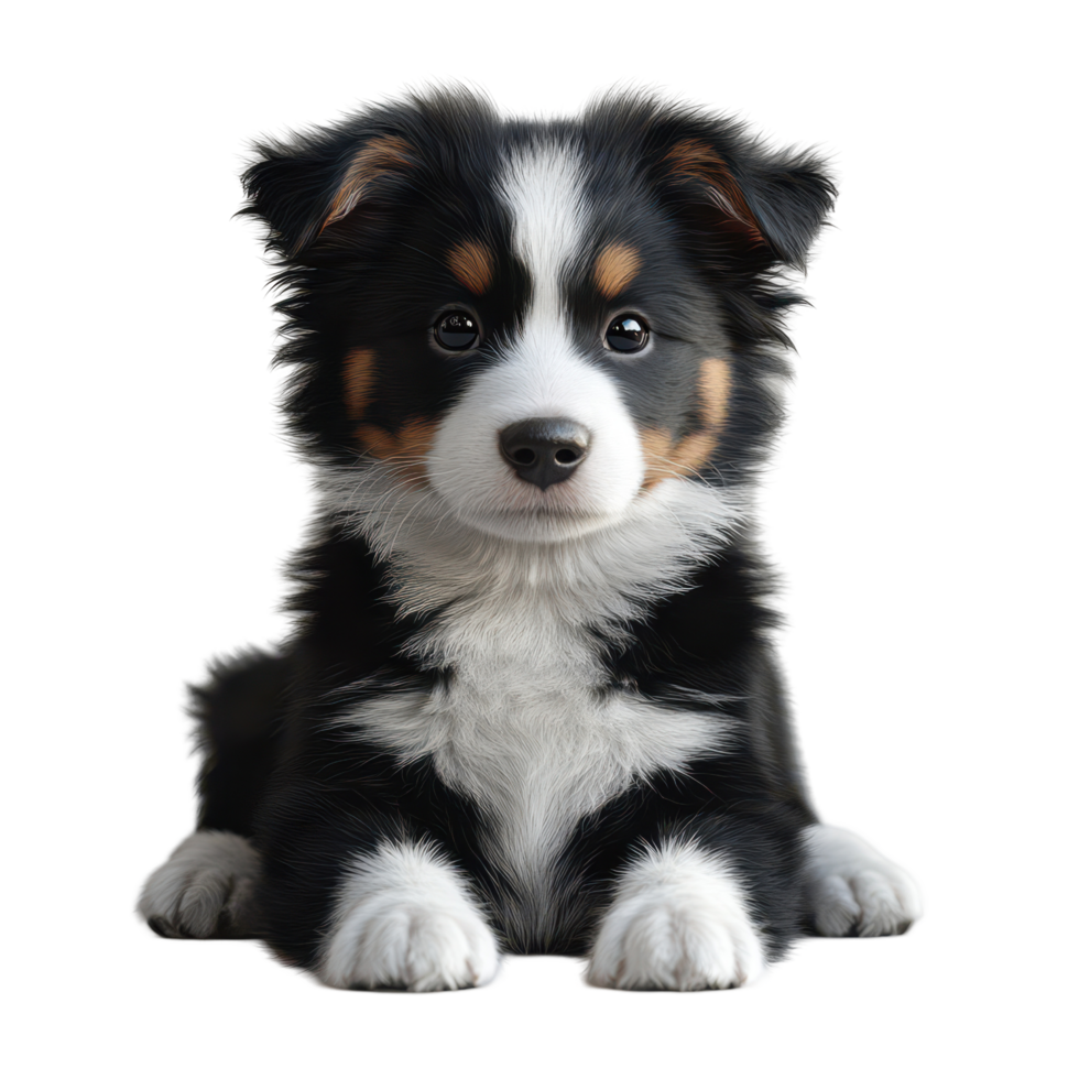 Cute black and white puppy lying on a clean surface with a curious expression in a bright setting isolated on transparent background. png