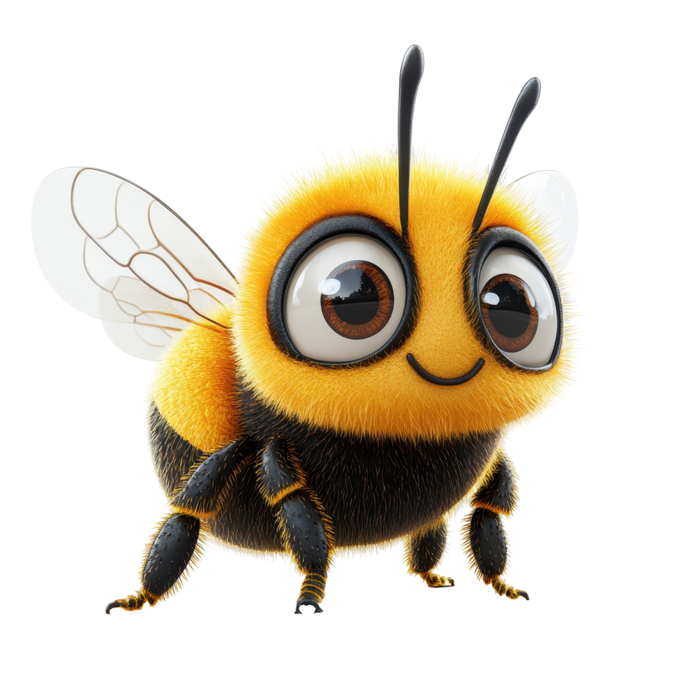 Cute cartoon bee character with large eyes and fluffy body resting on a white background isolated on transparent background. png