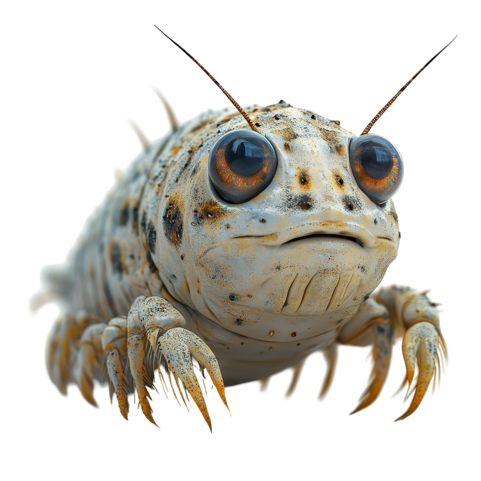 Unique aquatic creature with striking eyes and textured body found in a coastal environment during daytime isolated on transparent background. png