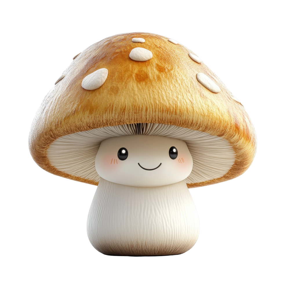 Cute cartoon mushroom character with a smile and detailed cap in a whimsical design isolated on transparent background. png