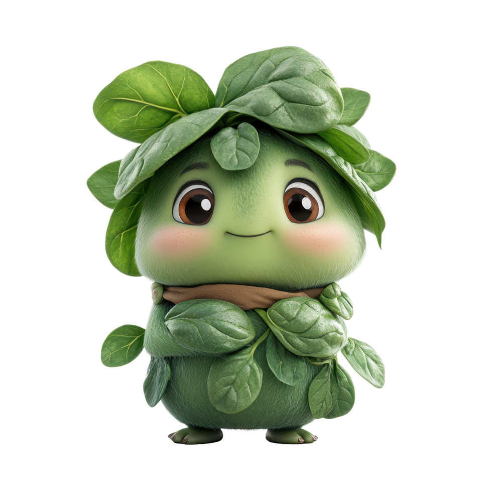 Cute animated character resembling a leafy vegetable stands cheerfully surrounded by greenery and plants isolated on transparent background. png