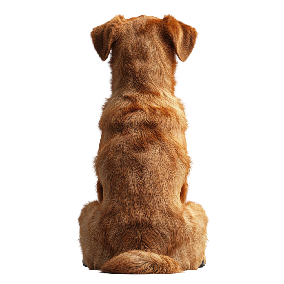 Golden dog sitting peacefully from behind in a cozy indoor setting during daylight isolated on transparent background. png