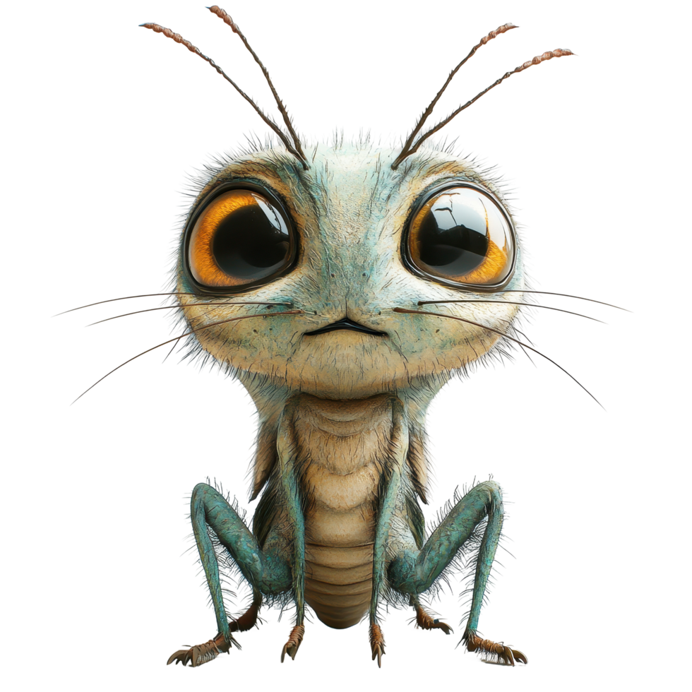 Creative illustration of a cartoon insect character with large expressive eyes and colorful features isolated on transparent background. png
