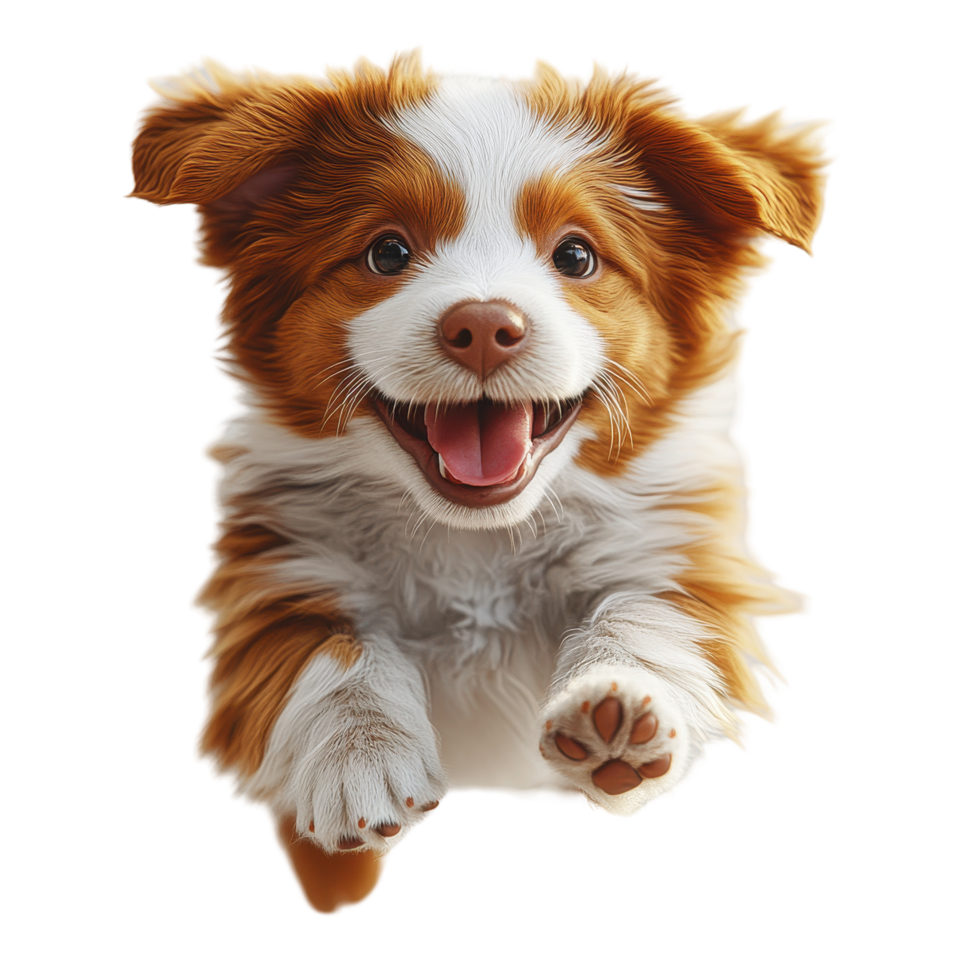 Happy playful puppy jumping with joy in a bright setting during daylight hours isolated on transparent background. png