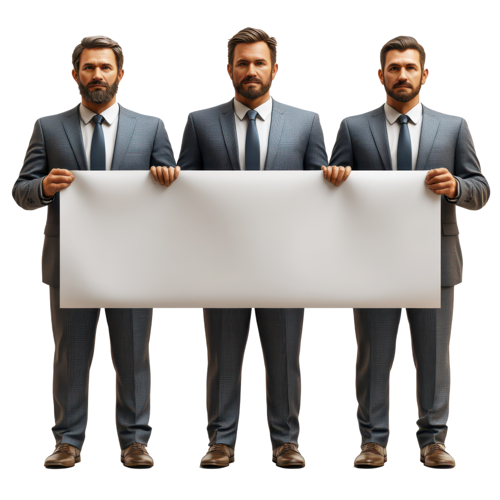 Three men in suits holding a blank banner for an event or demonstration in a professional setting isolated on transparent background. png