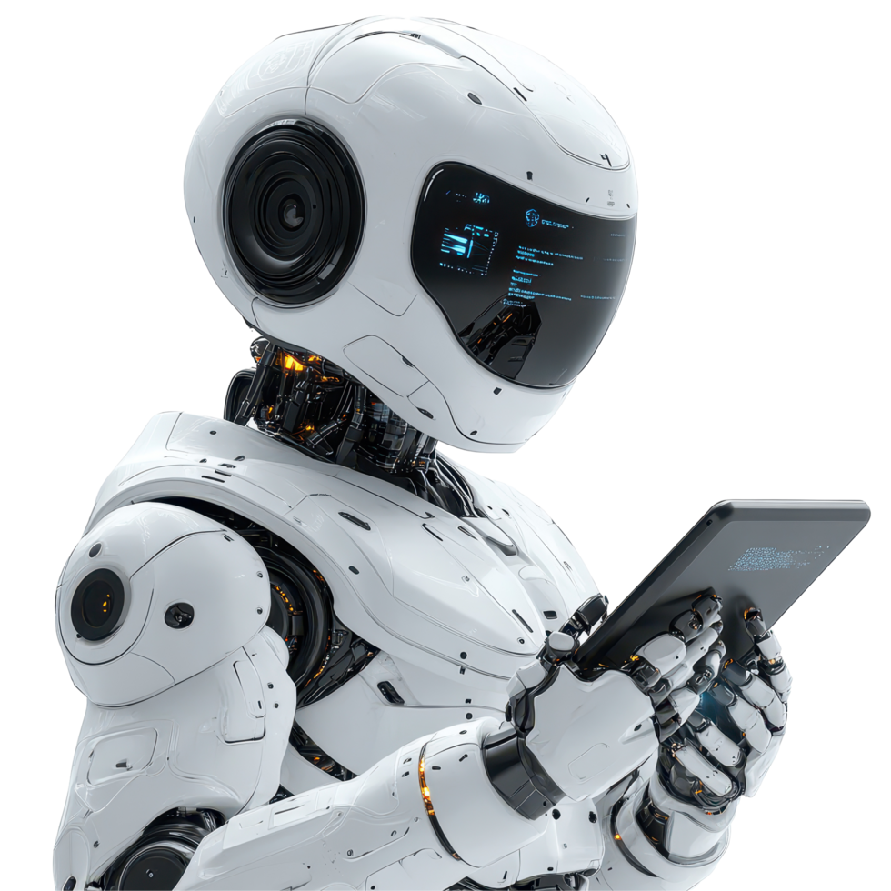 Advanced robot interacting with a tablet in a futuristic environment highlighting technology and innovation isolated on transparent background. png