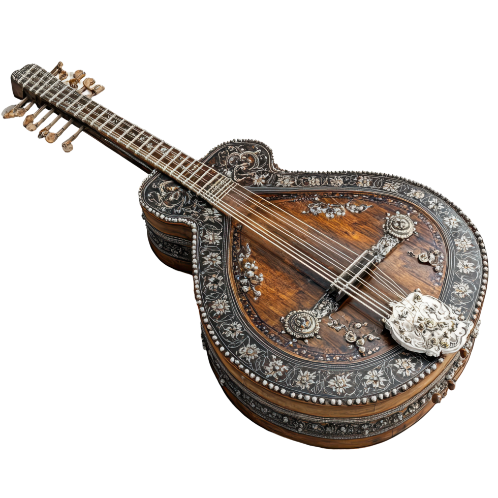Intricate vintage musical instrument handcrafted with ornate details, showcasing skill in design and craftsmanship isolated on transparent background. png