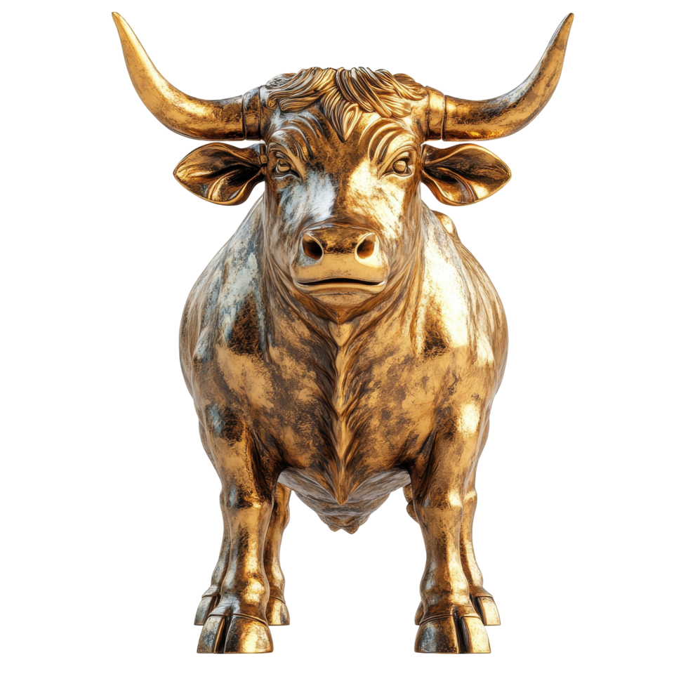 Golden bull statue displayed in a modern art gallery with dramatic lighting and clean background isolated on transparent background. png