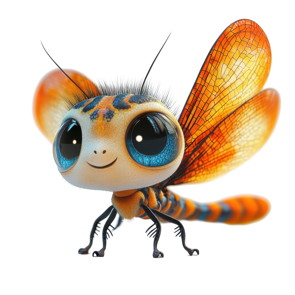 Cute cartoon dragonfly with vibrant wings and large eyes poses cheerfully on a white background isolated on transparent background. png