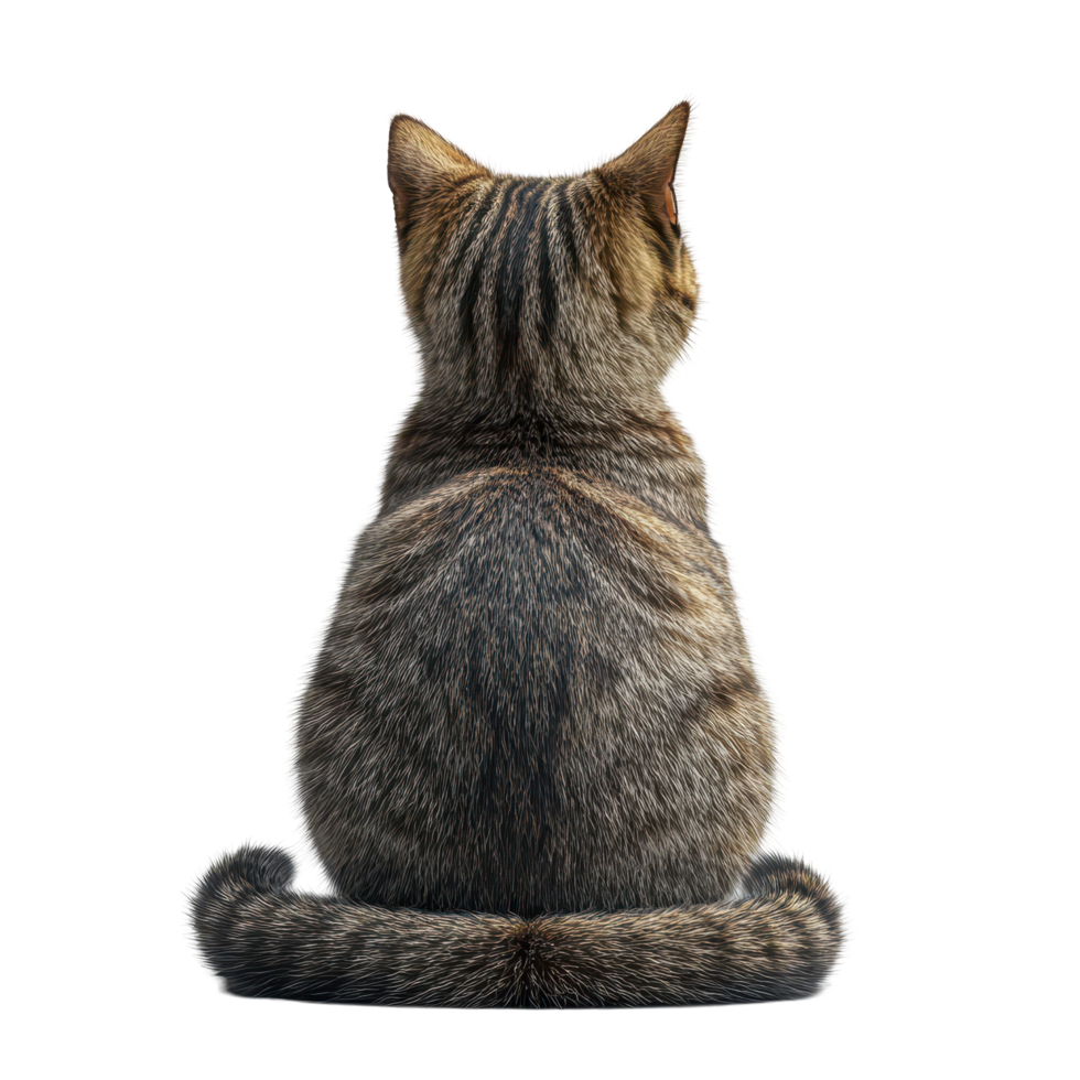 Cat sitting calmly with a cozy posture, showcasing its fluffy fur and tail against a plain background isolated on transparent background. png