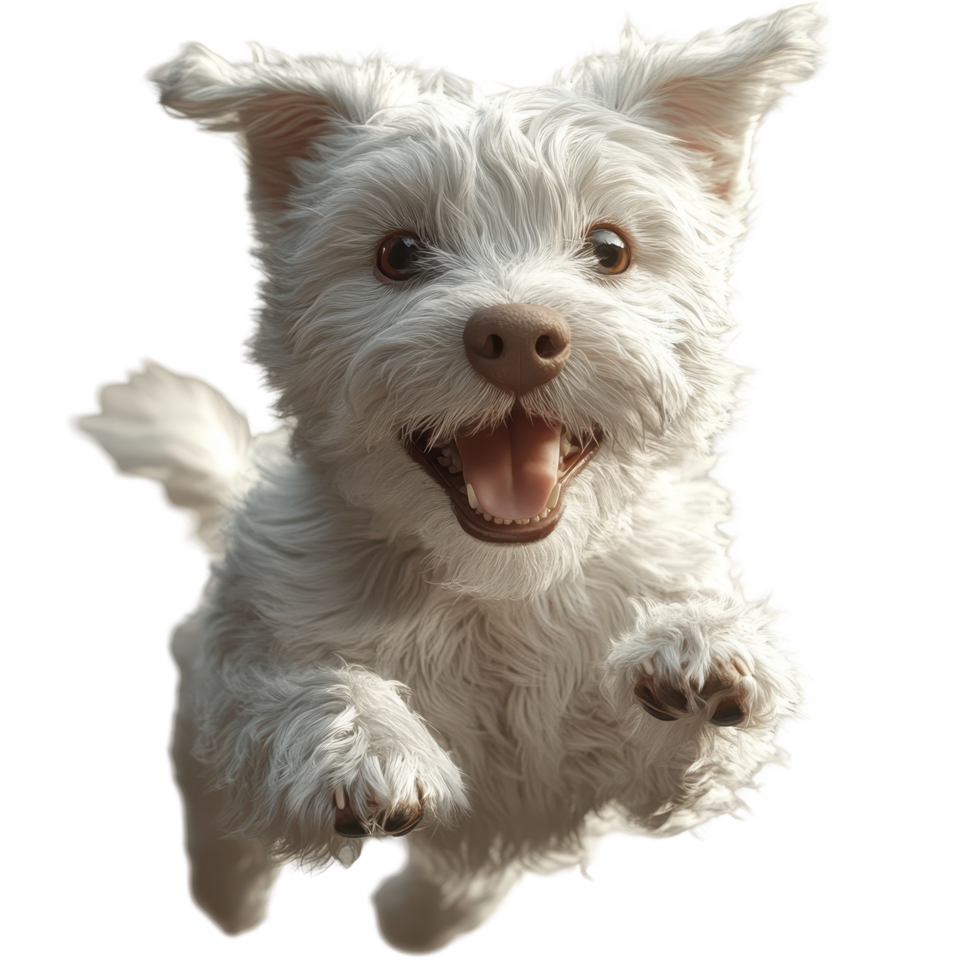 Happy small white dog jumping playfully with excitement in a bright setting isolated on transparent background. png