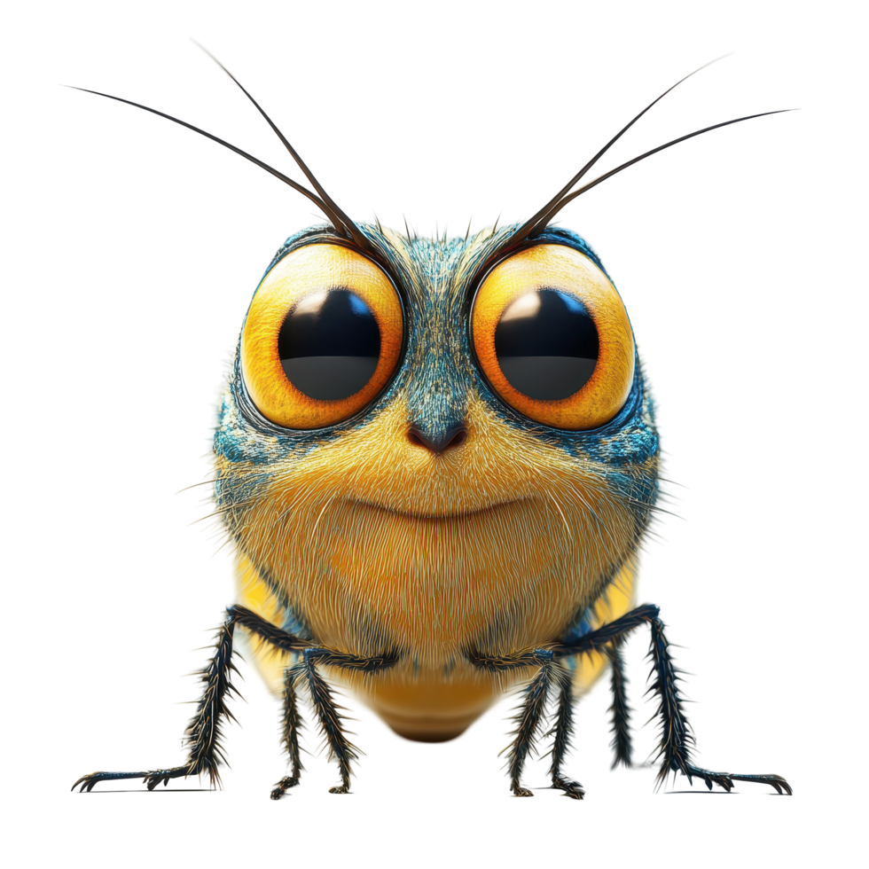 Close-up view of a cartoon bee with oversized eyes resting and looking curious in a vibrant setting isolated on transparent background. png