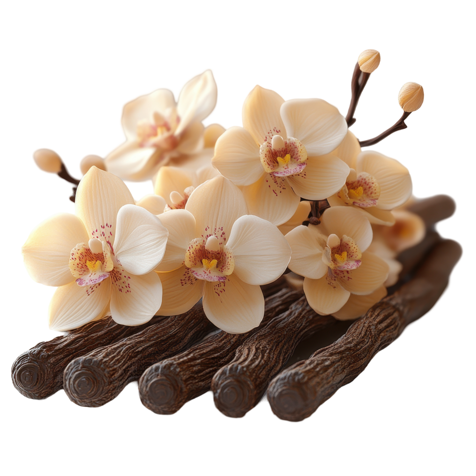 Elegant arrangement of delicate orchids on textured wooden sticks in a serene floral display isolated on transparent background. png