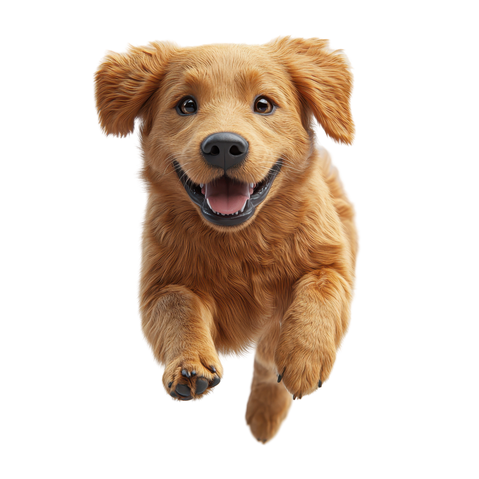 Golden retriever puppy happily running through a sunny field during the afternoon isolated on transparent background. png