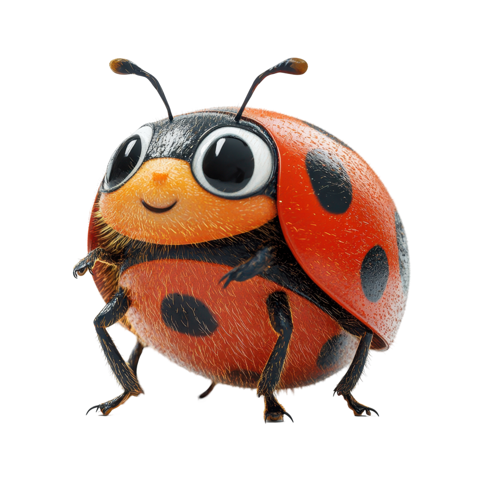 Colorful cartoon ladybug character standing cheerfully on a white background with a big smile isolated on transparent background. png